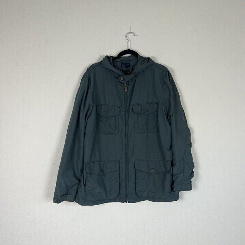 Lands' End Jacket Men's Blue Lightweight Windbreaker Full Zip Hooded Utility Lrg